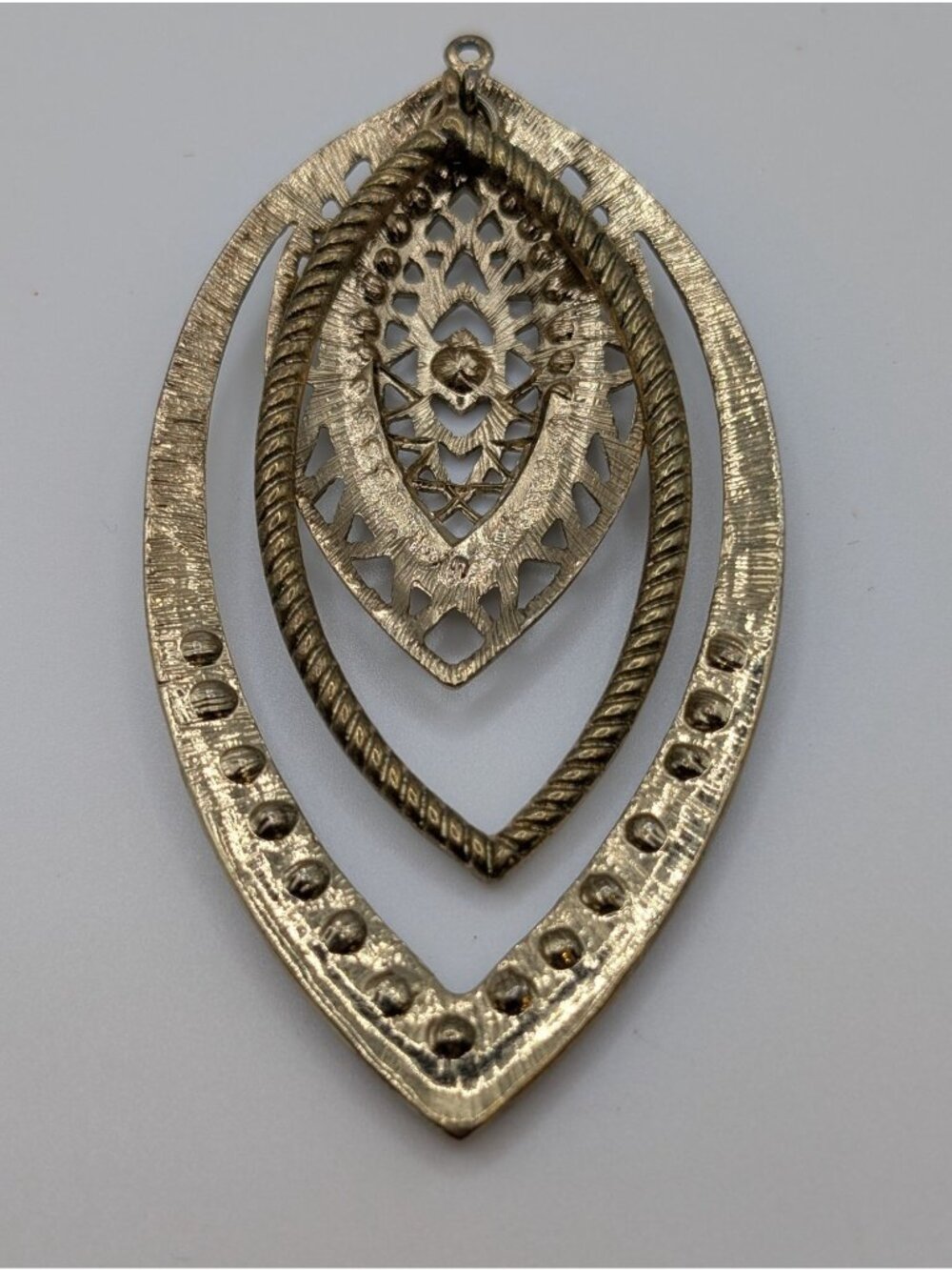 Vintage Art Deco Style Openwork Brass Pendant with Clear Rhinestones Accents